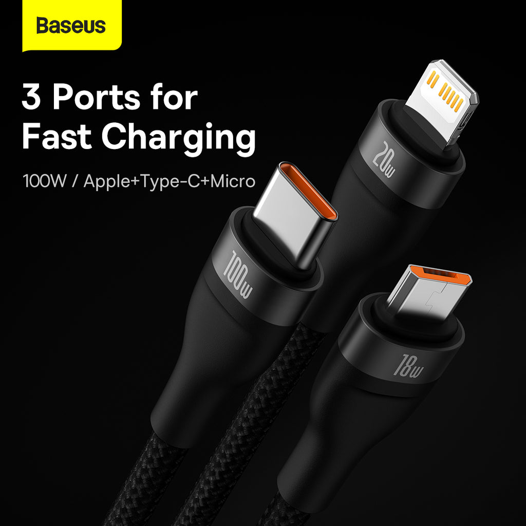 Baseus Flash Series Ⅱ Two-for-three Charging Cable U+C to M+L+C 100W 1.2m Black