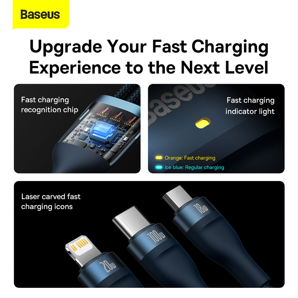 Baseus Flash Series Ⅱ Two-for-three Charging Cable U+C to M+L+C 100W 1.2m Blue