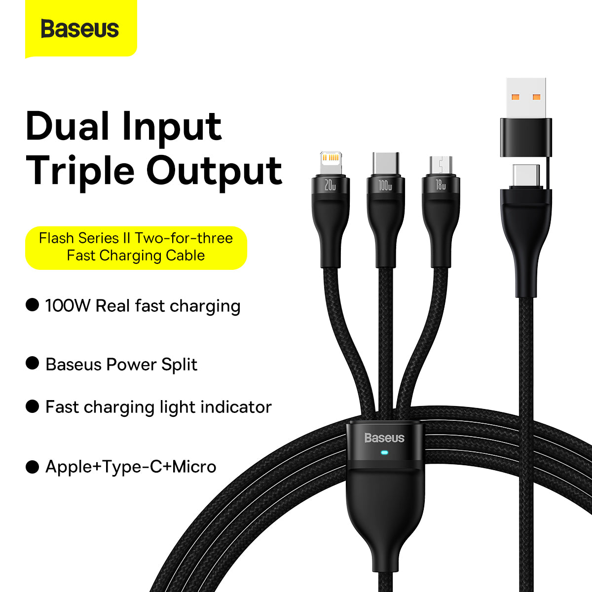 Baseus Flash Series Ⅱ Two-for-three Charging Cable U+C to M+L+C 100W 1.2m Black