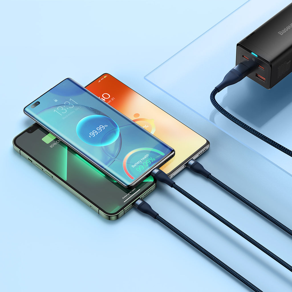 Baseus Flash Series Ⅱ Two-for-three Charging Cable U+C to M+L+C 100W 1.2m Blue
