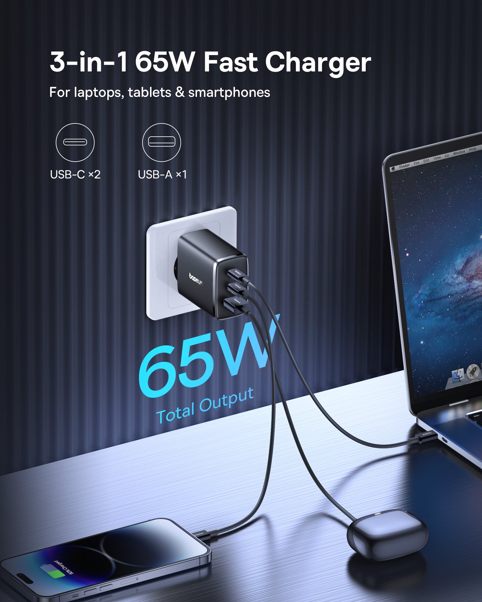 Baseus Cube Pro 3 Ports Fast Charger 65W