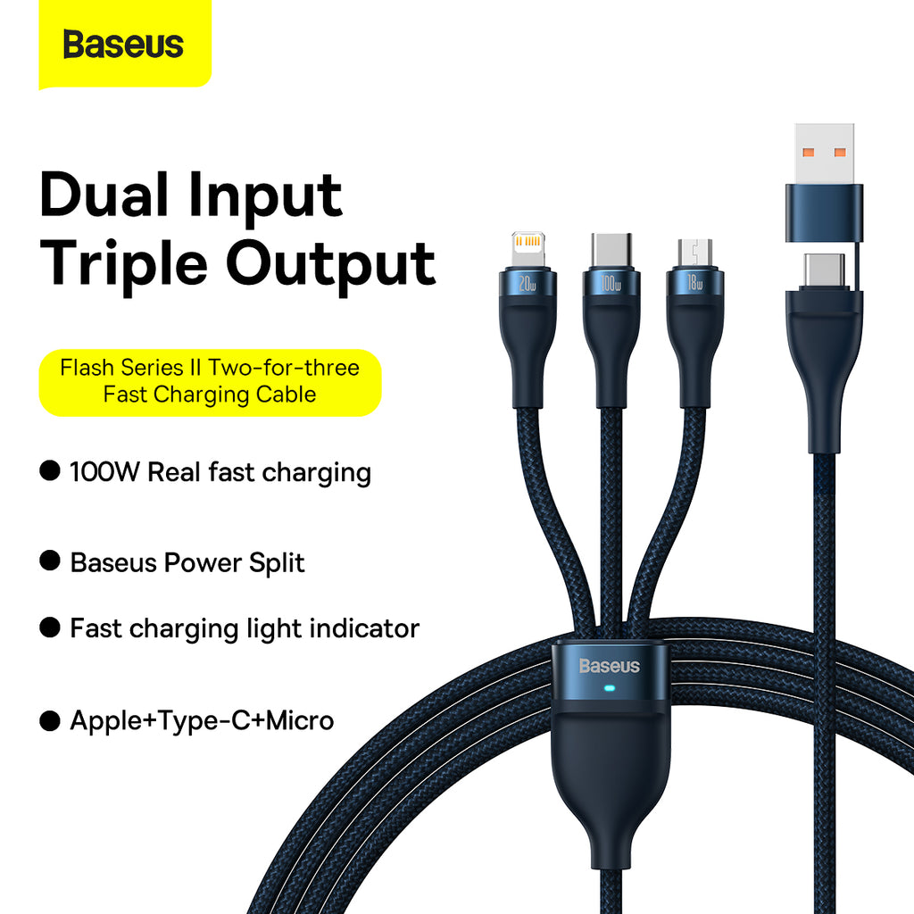 Baseus Flash Series Ⅱ Two-for-three Charging Cable U+C to M+L+C 100W 1.2m Blue